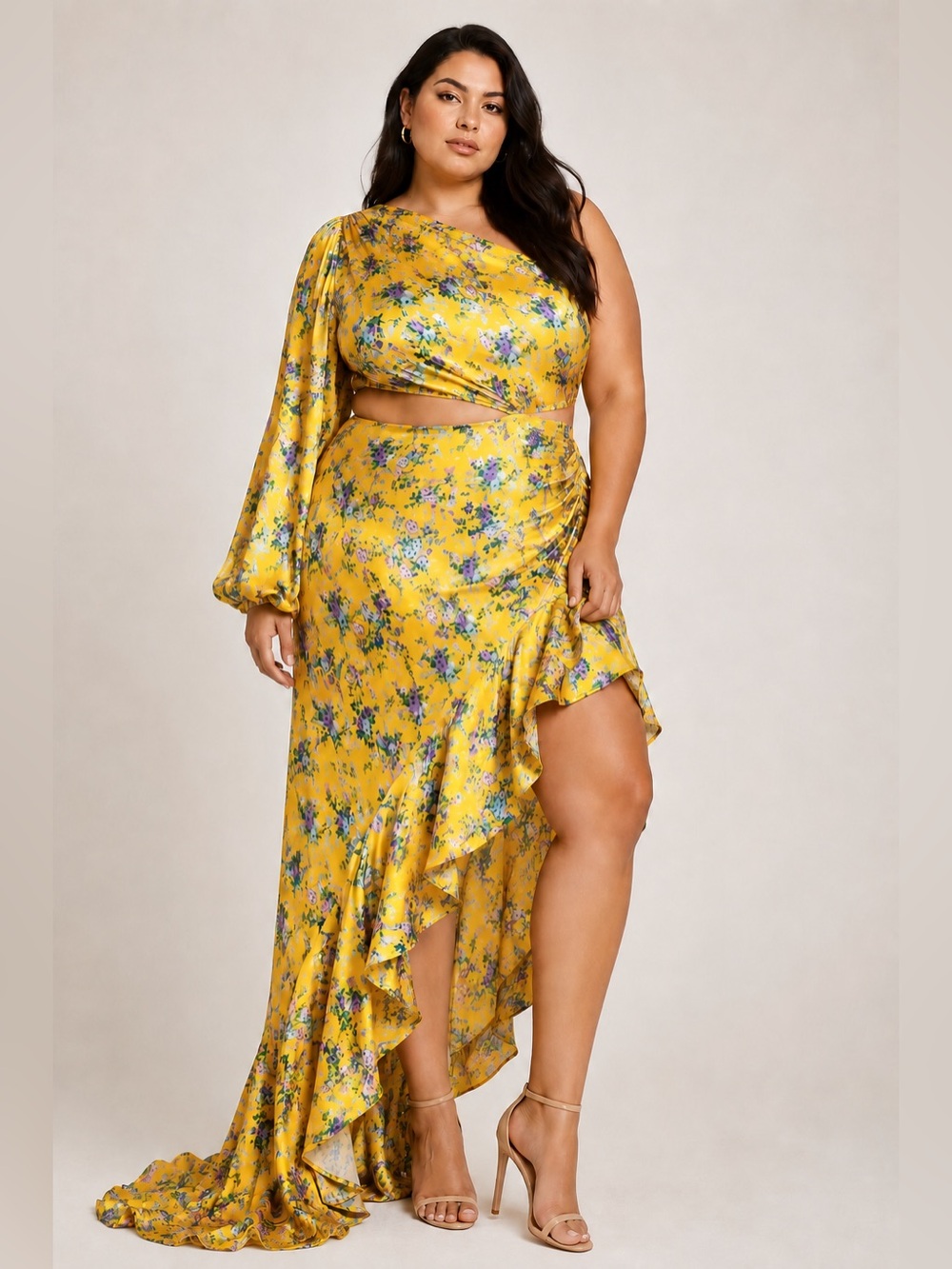 FASHION TO FIGURE Yellow Floral One-Shoulder Ruffle Maxi Dress 1X Thigh‎ Slit